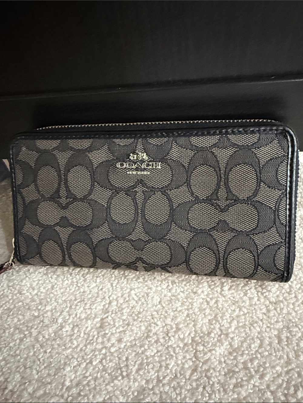 Coach Signature Zip Wallet in Black and Gray Jacquard